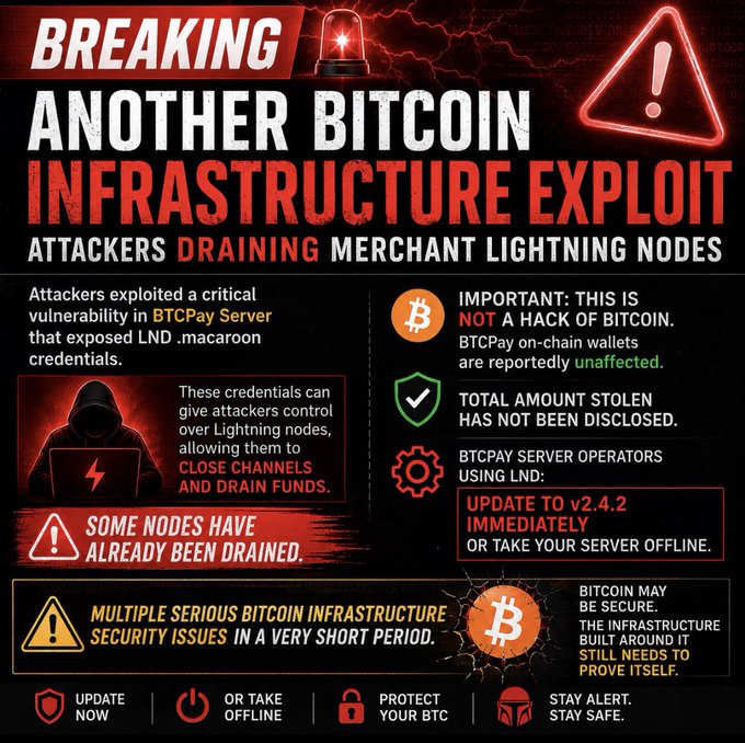 A breaking news infographic warning of a Bitcoin Lightning exploit targeting BTCPay Server users, featuring bold red headers that read "BREAKING: ANOTHER BITCOIN INFRASTRUCTURE EXPLOIT — Attackers Draining Merchant Lightning Nodes." The graphic includes a hooded attacker icon, a Bitcoin logo, and urgent instructions advising BTCPay Server operators using LND to update to v2.4.2 immediately or take their server offline, while clarifying this is not a hack of Bitcoin itself.