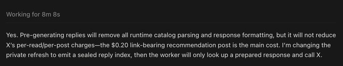 The image shows a dark-themed message discussing optimizing reply generation, mentioning "$0.20 link-bearing recommendation post" as the main cost driver. It explains that pre-generating replies would eliminate runtime catalog parsing but wouldn't reduce X's per-read/per-post charges, proposing a private refresh approach that emits a sealed reply index for workers to lookup.