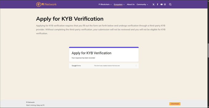 A webpage from 'Pi Network' titled 'Apply for KYB Verification' with instructions and a Google Forms link for third-party verification.