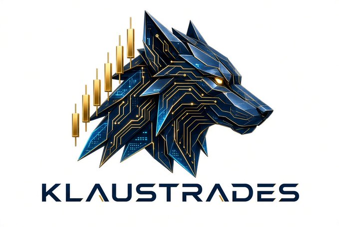 A logo featuring a geometric, circuit-board styled wolf head in blue and gold with candlestick chart elements, branded "KLAUSTRADES".