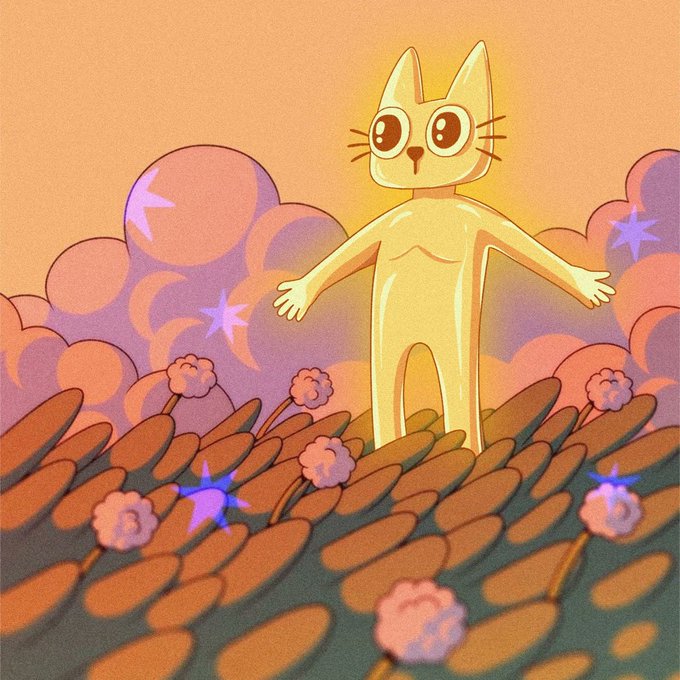 An illustration depicts a yellow cat-like figure standing with arms outstretched in a field of round brown and pink objects, set against a backdrop of orange clouds and a glowing sky.
