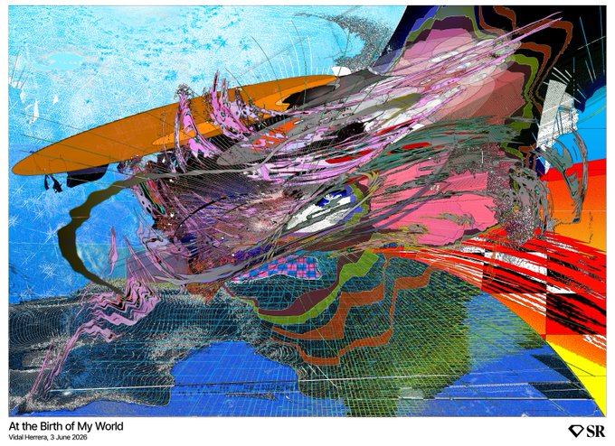 An abstract digital artwork titled 'At the Birth of My World' by Vidal Herrera, 3 June 2026, featuring colorful chaotic shapes against a blue sky background.