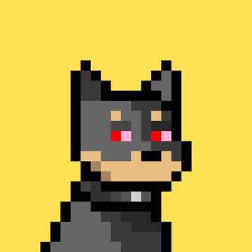 A pixel art illustration of a gray cat-like character wearing a Batman cowl with pointed ears and red eyes on a yellow background.