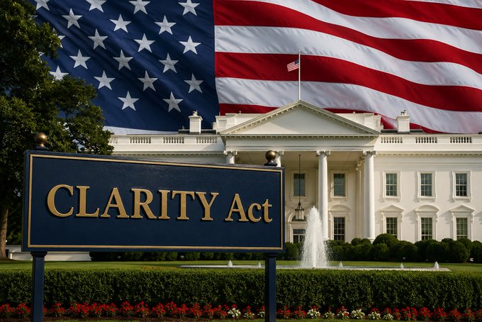 The White House with a large American flag in the background, overlaid with a sign reading 'CLARITY Act' in the foreground.
