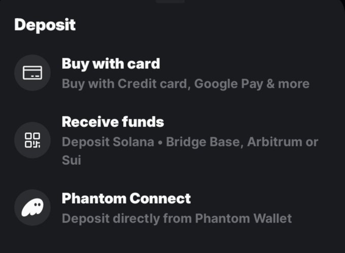 A dark-themed mobile app deposit screen showing three options: 'Buy with card', 'Receive funds' (Deposit Solana, Bridge Base, Arbitrum or Sui), and 'Phantom Connect' for Phantom Wallet deposits.