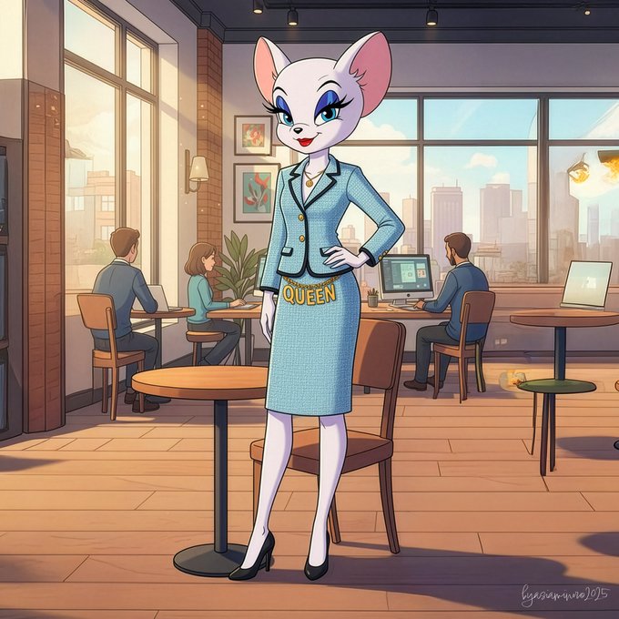 A stylized illustration of an anthropomorphic white cat character in a blue business suit with 'QUEEN' on the belt, standing in a cafe with people working on laptops.