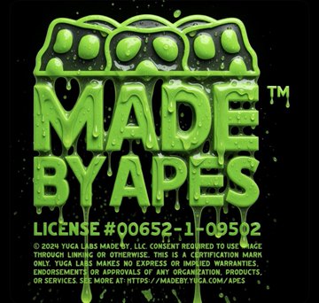 A graphic design featuring green slime text reading 'MADE BY APES' with a paw print and a license number #00652-1-09502, credited to Yuga Labs.