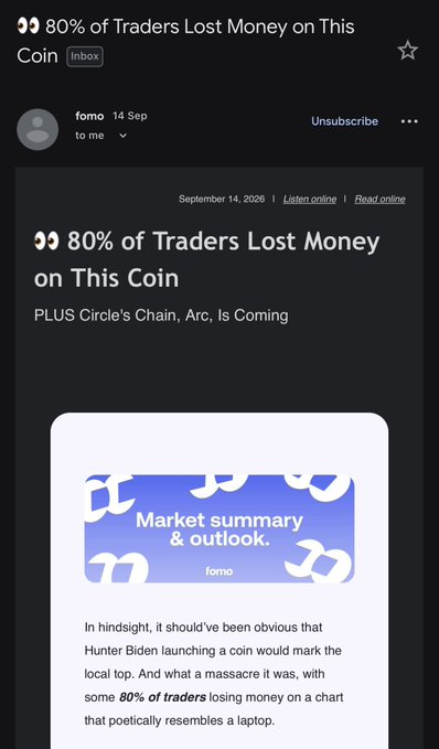 An email from FOMO dated September 14, 2026, headlined "80% of Traders Lost Money on This Coin" with a subheading "PLUS Circle's Chain, Arc, Is Coming," promoting Hunter Biden's meme coin launch as a market summary. The post's caption criticizes FOMO's user-generated content strategy for hyping high-risk assets without guardrails, with this email serving as a direct example of their promotional tactics that led to 80% of retail traders losing money.