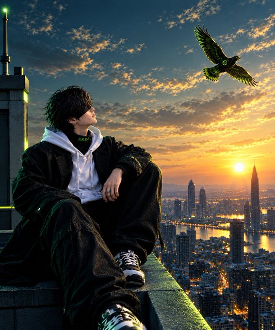 An anime-style illustration depicts a young person with dark hair sitting on a ledge overlooking a city skyline at sunset, with a bird flying in the sky above.