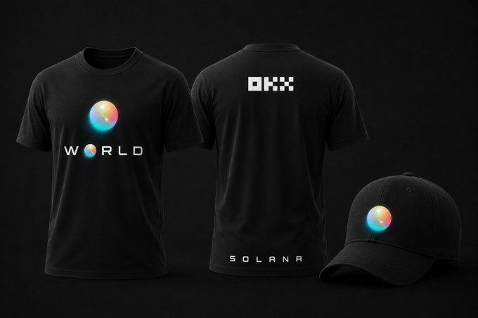 A merchandise mockup featuring black t-shirts and a cap branded with the "WORLD" logo and "OKX" text, with "SOLANA" printed at the bottom, suggesting a welcome or partnership-themed gift design.