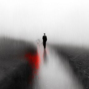 A dark, moody minimalist image showing two silhouetted figures walking away on a foggy road, with a striking splash of red color near them.