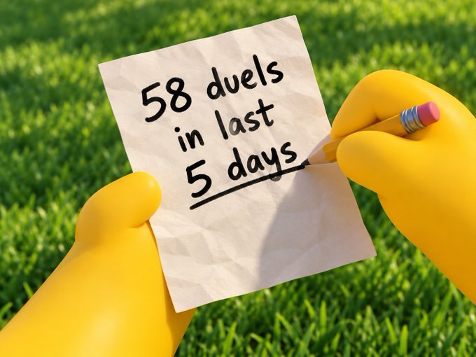 Yellow gloved hands hold a pencil to a crumpled piece of paper against a grass background, with handwritten text reading '58 duels in last 5 days' underlined at the bottom.