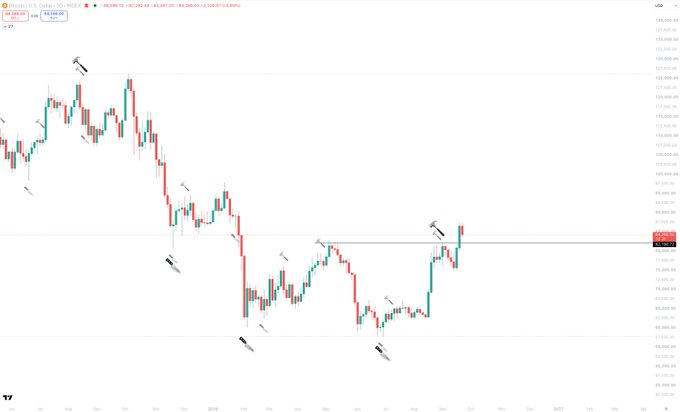 A Bitcoin/USD (BTCUSD) 3-day candlestick chart showing price action between approximately $76,000 and $108,000, with hammer-shaped reversal indicators marking recent lows near $78,500 and a current price around $96,000. The chart visually supports the post's claim that no meaningful bearish reversal signal has fired on the 3D or 1D timeframe, suggesting further upside potential toward the $90,000s+ before any significant pullback.