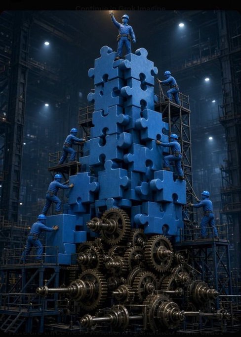A surreal digital artwork depicting workers in blue uniforms and hard hats constructing a massive tower of giant blue puzzle pieces atop a complex system of industrial gears.