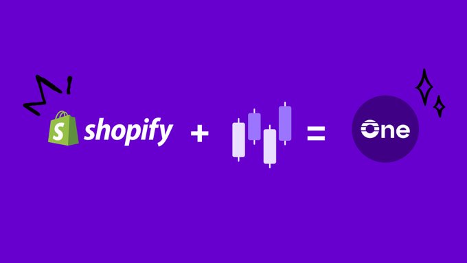 A purple promotional graphic displaying the equation 'Shopify + [candlestick chart icon] = One', featuring the Shopify logo alongside a trading chart symbol equaling a circular 'One' logo.
