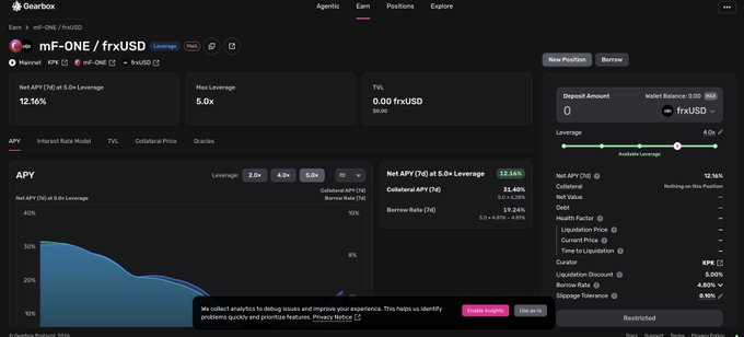 Gearbox finance interface showing the mF-ONE / frxUSD leveraged earn position with a 5.0x max leverage, 12.16% net APY at 5.0x, and a disclaimer about analytics by Wintermute.