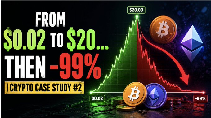 A YouTube thumbnail for a crypto case study showing a price chart going from $0.02 to $20 then -99%, featuring Bitcoin and Ethereum coin graphics.