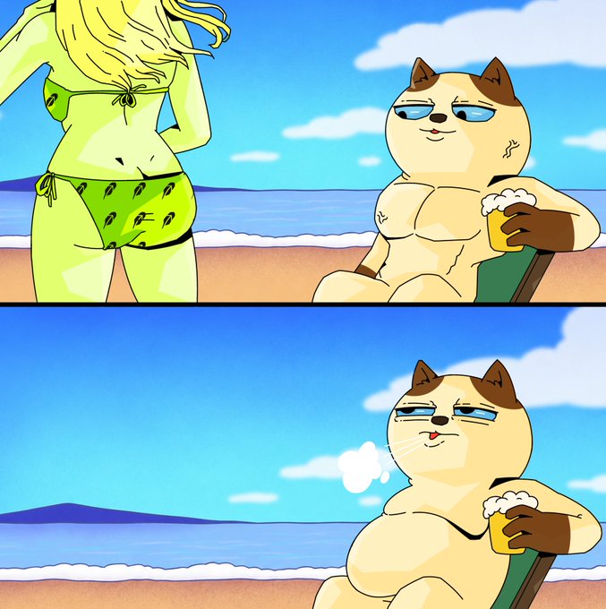 A two-panel beach cartoon shows a muscular cat relaxing with a drink while a woman in green swimwear stands nearby. The post appears to be a giveaway for 25 “GTD” accounts, requiring users to follow @purreh00d and @N3RDROOF and reply after dropping their wallet.