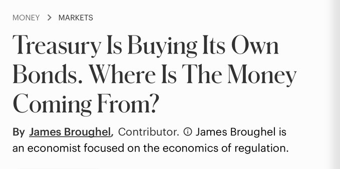 An article headline from Forbes reading 'Treasury Is Buying Its Own Bonds. Where Is The Money Coming From?' by James Broughel, under the Money > Markets section.