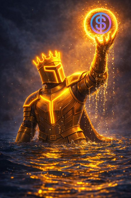 A glowing golden knight with a crown-like helmet rises from dark water, holding a radiant orb containing a dollar sign ($) symbol above his head.