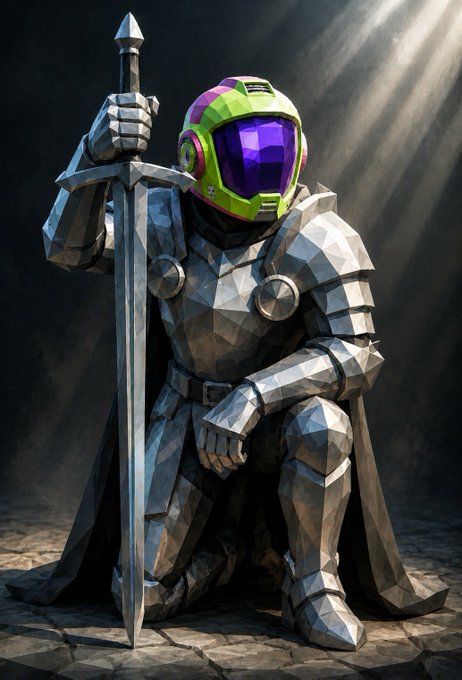 A low-poly digital artwork of a knight in faceted silver armor and a black cape, kneeling with a large sword, but with a bright green, purple, and pink futuristic helmet replacing the traditional helm.