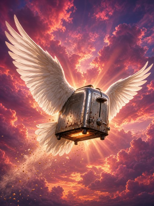 A whimsical digital illustration of a rusted toaster with large white angel wings flying through a vibrant pink and orange cloudy sky.