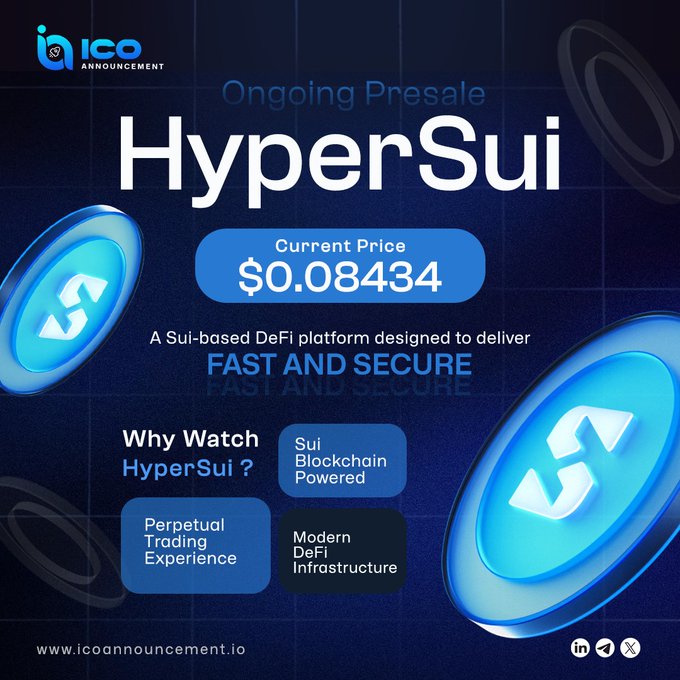 Promotional graphic for the HyperSui ($HYPERSUI) ongoing presale, displaying the current price of $0.08434 and highlighting its key features: Sui blockchain-powered, perpetual trading experience, and modern DeFi infrastructure for fast and secure transactions, as promoted by icoannouncement.io.