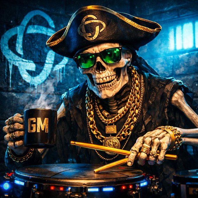 The image features a skeleton wearing a pirate hat, holding a coffee cup and drumsticks while sitting behind a drum set. The caption of the image reads "Gm Everyone most people farming points on @NucleusCodes right now have no idea what’s actually happening it’s not just do tasks get rewards anymore they’re trying to decide who deserves access before the masses arrive which makes me wonder how many community rewards were earned". The skeleton is dressed in a pirate costume, holding a coffee cup and drumsticks while sitting behind a drum set.