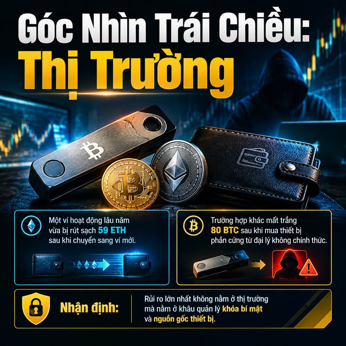A Vietnamese-language crypto warning graphic titled 'Góc Nhìn Trái Chiều: Thị Trường' shows a Bitcoin hardware wallet, Bitcoin and Ethereum coins, and a leather wallet, illustrating cases of lost ETH and BTC due to fake representatives and device source vulnerabilities.