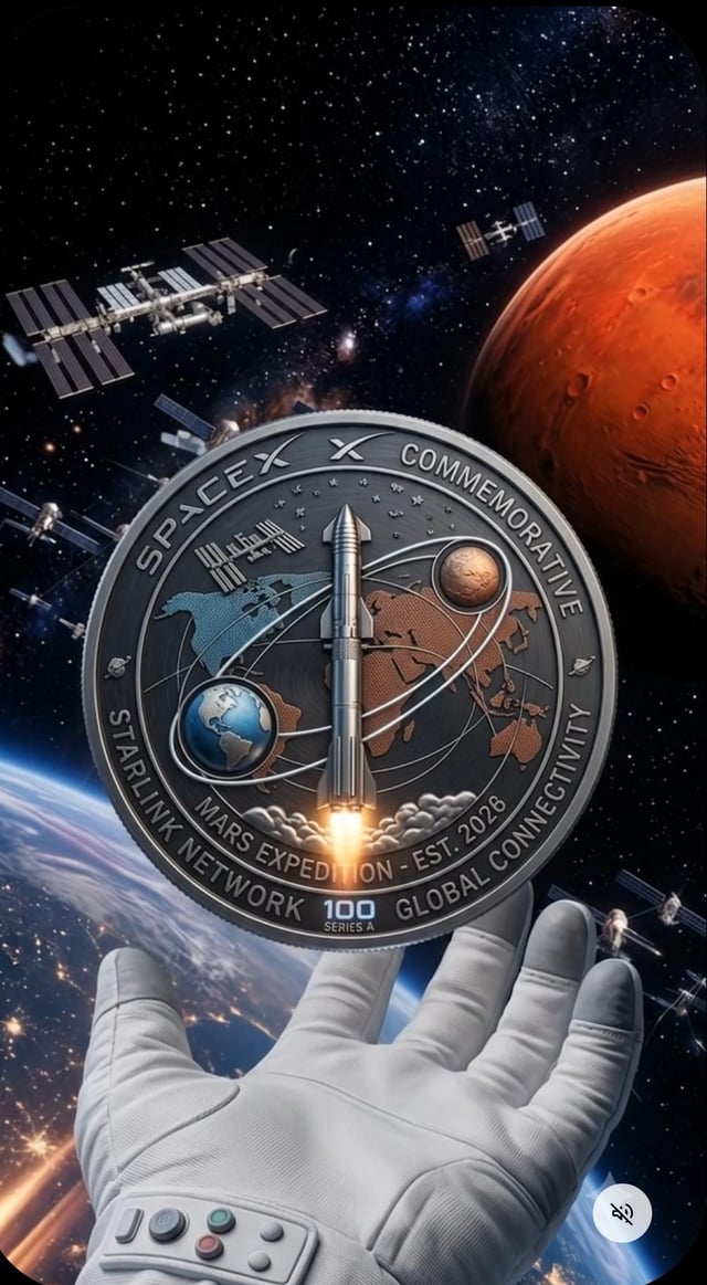The image features a silver coin with a rocket ship design, which is being held by an individual wearing a white glove. The background of the image shows a planet and other space-related objects such as a satellite dish and a space shuttle. The caption on the image reads "SPCX get ready for mars".
