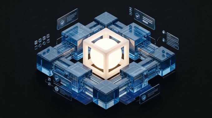3D isometric rendering of a glowing white cube surrounded by transparent blue tech-style blocks and floating UI panels on a dark background.