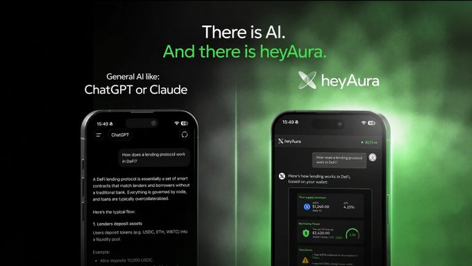 A promotional graphic comparing general AI (ChatGPT) with heyAura, showing two phone screens side by side with the tagline 'There is AI. And there is heyAura.'