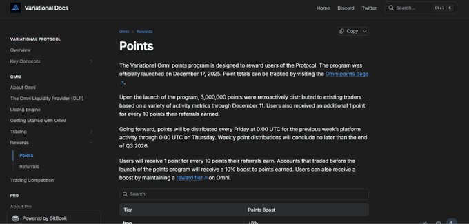 A Variational Docs page describing the Omni points program, officially launched December 17, 2025, with 3,000,000 retroactive points distributed to existing traders and weekly distributions continuing through Q3 2026.