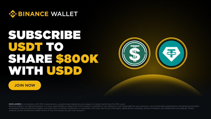 A Binance Wallet promotional banner reading "Subscribe USDT to Share $800 with USDD" alongside USDT and USDD coin icons, tied to the USDD Season 7 campaign launching July 19 with $800,000 in rewards distributed to subscribers of the USDT-sUSDD pair.