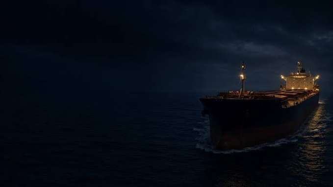 A large cargo ship illuminated at night, sailing through dark waters under a cloudy sky.