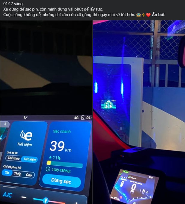 A social media post with Vietnamese text about self-driving cars, showing screenshots of a vehicle's dashboard indicating 39 km remaining, 11% battery, and an estimated 1 hour 43 minutes to full charge.