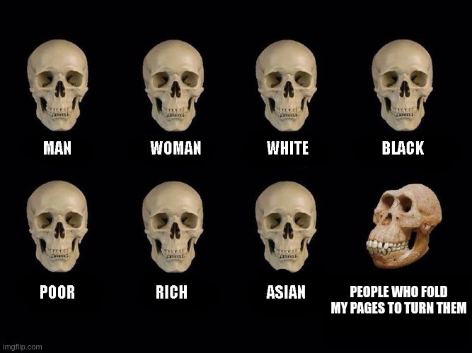 The image features a poster with multiple skull faces arranged in a grid of four rows and two columns against a black background. Each row has one skull face, while each column also contains one skull face. The text "People who fold them my pages to turn them" is written below the poster, suggesting that it might be related to a book or an article about folding pages.
