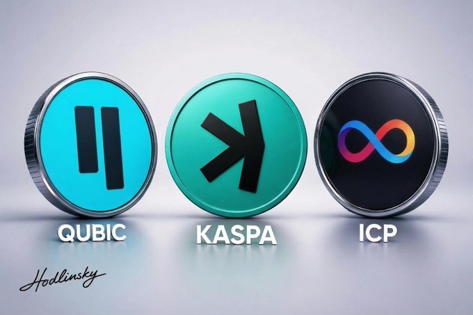 The image shows three circular tokens labeled "QUBIC," "KASPA," and "ICP," representing the three cryptocurrencies mentioned in the post as potential next investments for a Kaspa maxi.