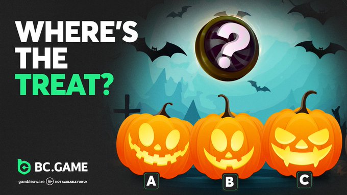 The image features three jack-o-lanterns, each with different expressions, sitting next to each other against a dark background. The text "Where's the treat?" is displayed above them, indicating that they are participating in a Halloween game or challenge where they have to guess the correct answer to find the real treat hidden among them.

The image also includes a caption below it that reads: "Focus on what is in the image and how it relates to the post BCGame will pick 5 lucky winners to get a bonus! Drop your answer now in QRT". This suggests that there might be a contest or competition related to Halloween, where people have to guess the correct answer among the jack-o-lanterns.