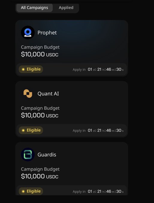 The image shows three different campaign budgets displayed on separate screens against a black background. The first screen displays "Campaign Budget", followed by "Guardis", and then "Quant AI". The second screen has "Campaign Budget" at the top, with "Guardis" below it, and "Quant AI" to its right. The third screen also shows "Campaign Budget" on the left side, but "Guardis" is positioned above it. These screens are part of a larger post that discusses the launch of Wallchain Select, an AI-powered creator marketplace focused on matching projects with creators based on audience fit and niche relevance rather than just follower count.