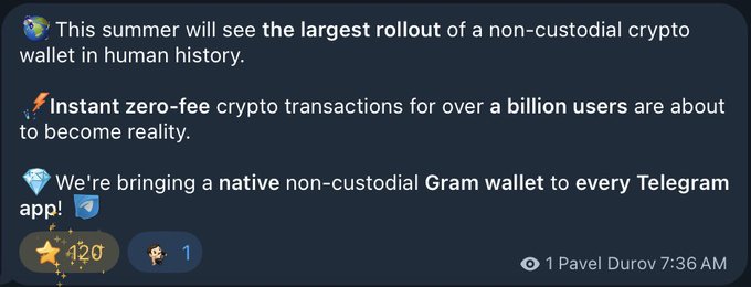 This image highlights the upcoming release of a native non-custodial Gram wallet for Telegram, promising instant, zero-fee crypto transactions for over a billion users. The post correlates with this by emphasizing Telegram's (Ton chain) distribution for $GRAM and a price target for $TONX.