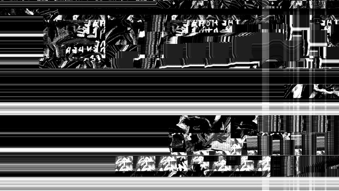 A heavily distorted black and white glitch art image featuring horizontal bands and unreadable text fragments.
