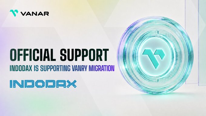 The image is a promotional announcement graphic with a sleek, futuristic design featuring a glowing cyan circular emblem with the Vanar "V" logo on the right side. The text on the left reads "OFFICIAL SUPPORT - INDODAX IS SUPPORTING VANRY MIGRATION" alongside the Vanar and Indodax logos, visually confirming the partnership announcement about Indodax supporting the VANRY token migration to the Base network for Indonesian users.