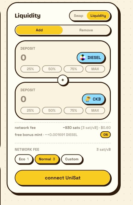 A 'Liquidity' interface showing an 'Add' option for DIESEL and CKB tokens, with a network fee of ~830 sats and a button to 'connect UniSat'.