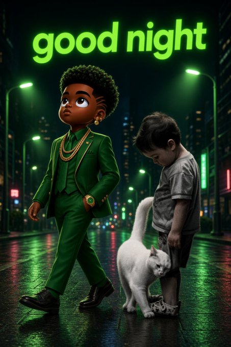 A digital illustration with 'good night' text in glowing green letters, showing a stylish young character in a green suit walking alongside another child and a white cat on a neon-lit city street.
