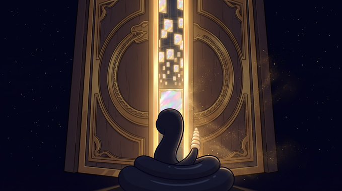 A dark snake named Slippy peers through an ornate golden door into a glowing portal, with a beam of light shining down to reveal the Slippy Club NFT minting taking place. The mystical scene captures the exclusive, soon-to-close presale window for $SLIPPY holders, ending October 3rd at 18:00 CET or upon reaching the 2,500 NFT cap.
