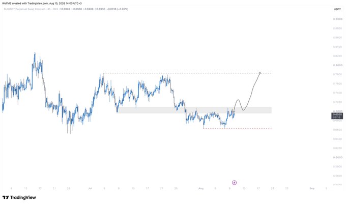 The image is a TradingView chart of USDT Perpetual Swap Contract for SUI/USDT on August 10, 2025, showing a 4-hour price action with the asset trading around 0.6886 (up 0.24%), featuring a hand-drawn projection of an upward breakout from a gray box zone targeting the upper resistance area near 0.7850. This visual aligns with the post's bullish outlook, illustrating the expected close above the gray box and the subsequent rally toward the upper region that was forecasted.
