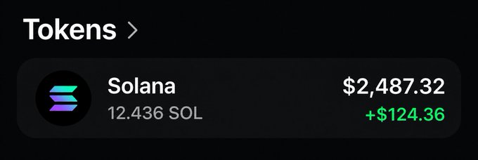 A mobile app screenshot showing a 'Tokens' list with a Solana entry displaying '12.436 SOL' valued at '$2,487.32' with a '+ $124.36' change.