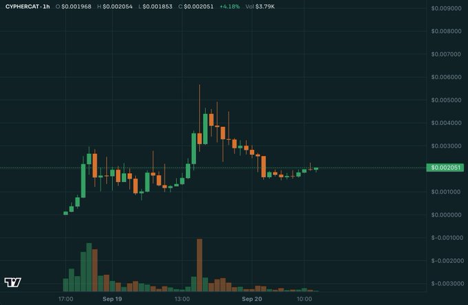 A candlestick price chart for CYPHERCAT showing price movement between $0.001968 and $0.002051 with a 4.18% gain.