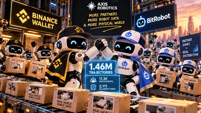 A promotional image for Binance Wallet and BitRobot featuring robots with the Axis Robotics logo, including text 'MORE PARTNERS MORE ROBOT DATA A MORE PHYSICAL WORLD' and stats '1.46M TRAJECTORIES, 11.3K PARTICIPANTS, 2,111 ALLIANCE TASKS' alongside boxes labeled 'PICK & PLACE', 'OPEN DRAWER', 'FOLD CLOTHES', and 'POUR WATER'.